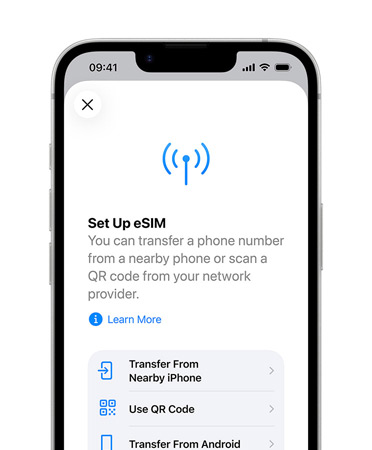 iPhone 17e, front exterior, showing the Set Up eSIM feature to transfer a phone number from a nearby phone or scan a QR code