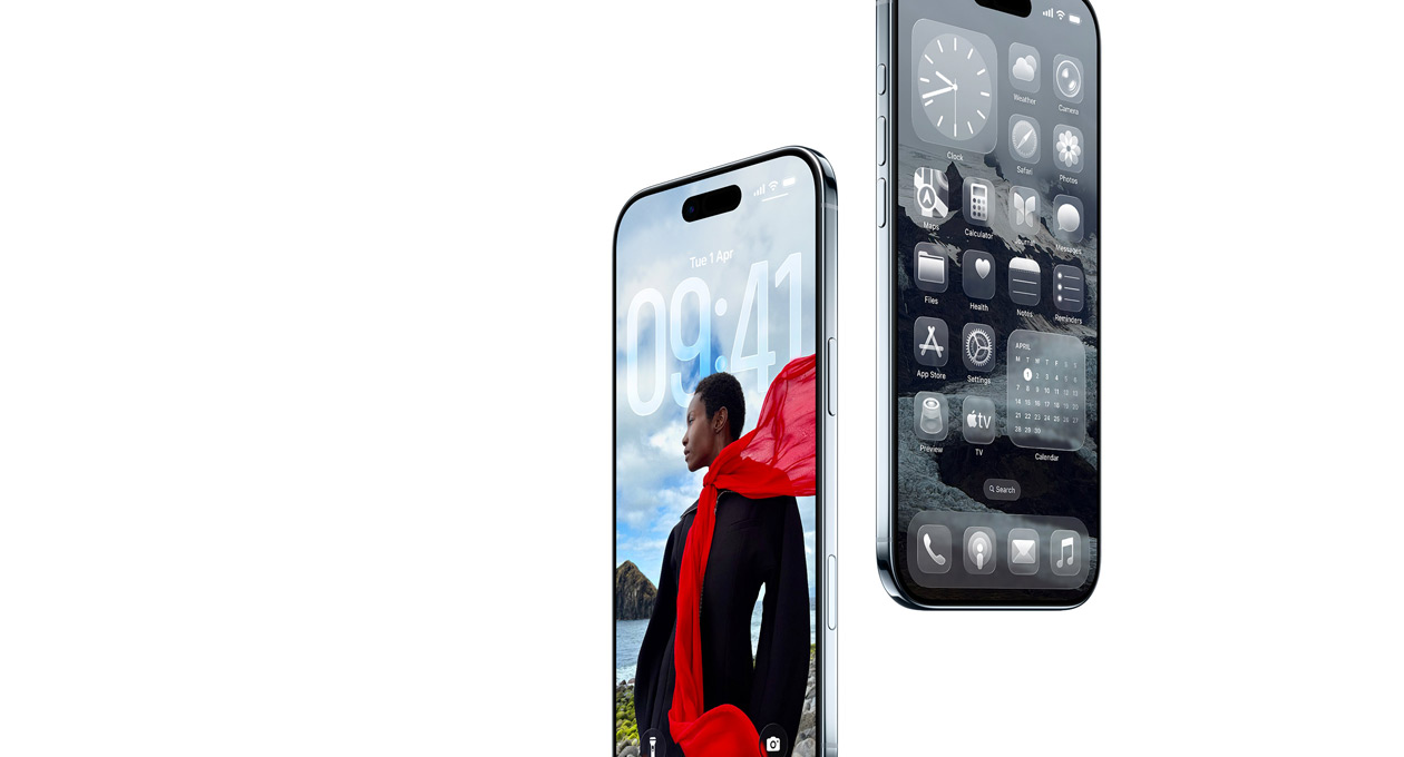 Two iPhone Air devices, front exterior, side exterior, thin profile, dynamic Lock Screen, Home Screen with Liquid Glass apps