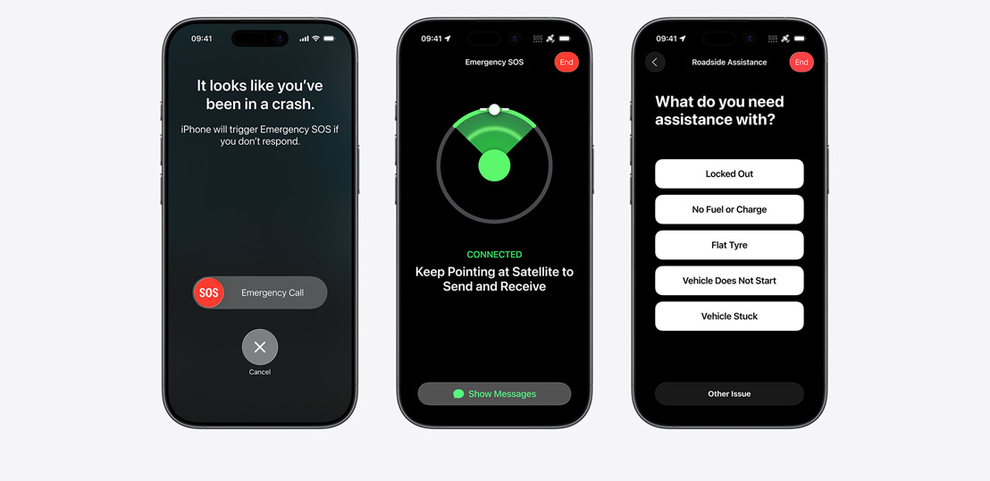 Side-by-side, iPhone screen showing Crash Detection, iPhone screen showing Emergency SOS in use, iPhone screen showing Roadside Assistance in use