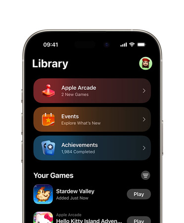 iPhone, top half of screen showing Games app layout, including Library tab, Apple Arcade, Events, Achievements and All Games section