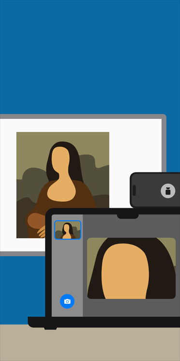 Ilustrasi animasi aplikasi Pembesar di layar MacBook yang memperbesar gambar Mona Lisa yang ditampilkan di papan tulis kelas