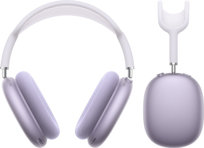 AirPods Max 2 สีม่วงที่ถ่ายจากด้านหน้าและจากด้านข้าง