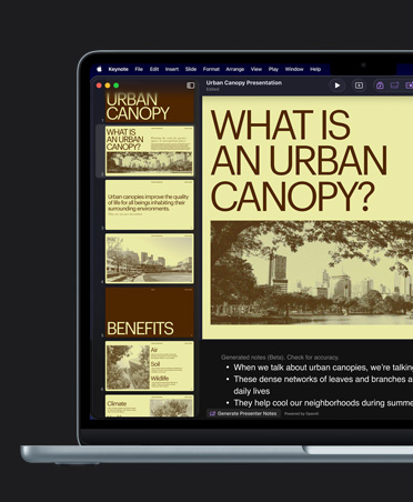 MacBook Air 13 screen, Keynote, yellow slide titled Urban Canopy with images of buildings, AI generated presenter notes below the slide