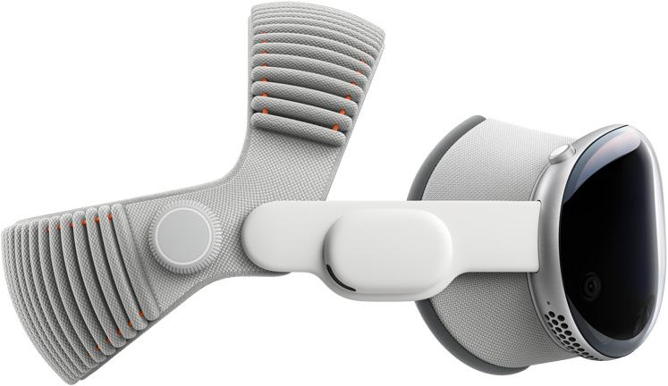 Vue latérale d’un Apple Vision Pro, monture en alliage d’aluminium, assemblée avec cache occultant, sangles audio et bandeau tissé à sangle double