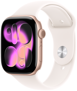 Apple Watch Series 11, culoare Roz auriu, carcasă din aluminiu, cadran de ceas Artă interactivă, partea dreaptă exterior, Digital Crown, microfon, buton lateral, curea Sport, culoare Ușoară îmbujorare, închizătoare argintie de tip capsă
