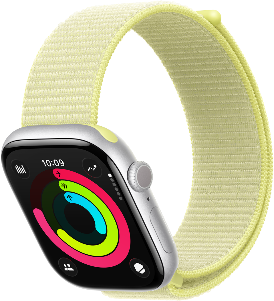 Apple Watch Series 11, silver color, aluminum case, Activity rings: Move, Exercise, Stand, right side exterior, Digital Crown dial, side button, microphone, band, neon yellow Sport Loop