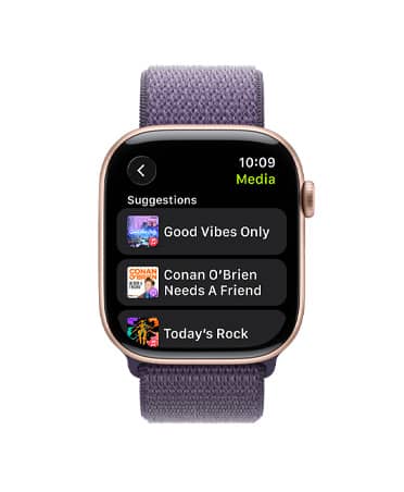 Apple Watch Series 11, rose gold color, aluminum case, Apple Music, music and podcast suggestions, right side exterior, Digital Crown, band, purple fog Sport Loop