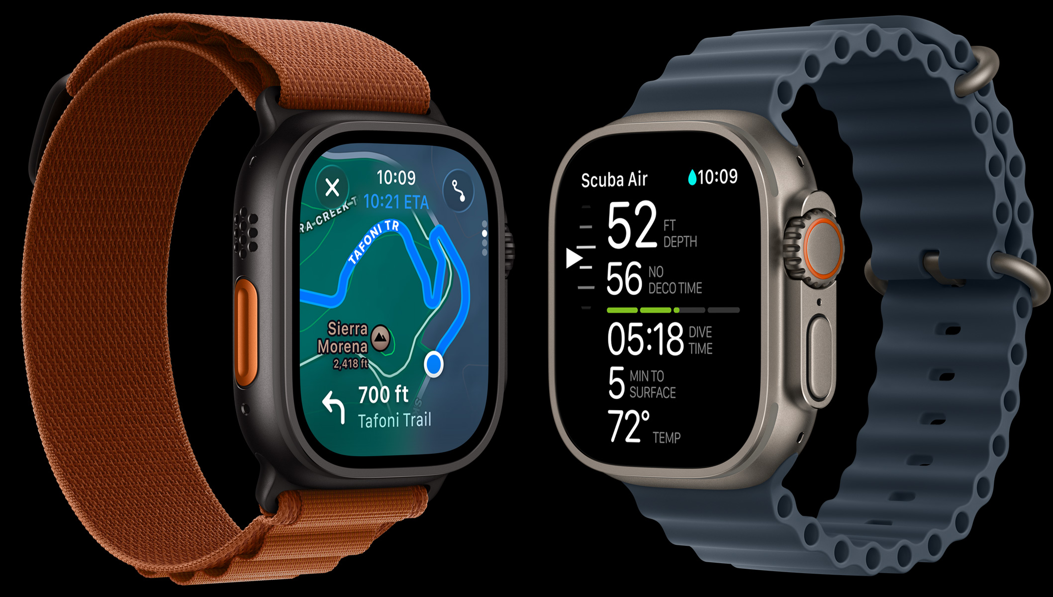Apple Watch Ultra 3 ‑laitteet, titaanikuoret, väreinä mustatitaani ja luonnontitaani, reittikartta, sukellustiedot, Alpine-ranneke, värinä terrakotta, Ocean-ranneke, värinä ankkurinsininen