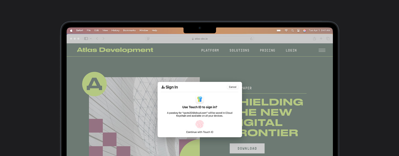 Touch ID-vindue på en Mac-skærm. Bag vinduet er der en præsentation.