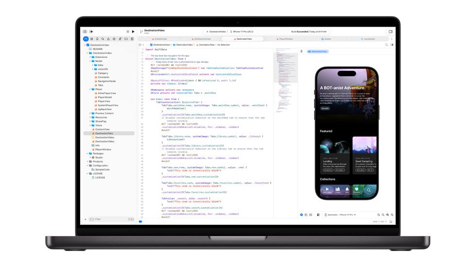An open Mac displays folders and lines of code in the Swift app.