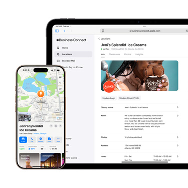 Vorderansicht eines iPad mit der Apple Business Connect Plattform eines Unternehmens. Vor dem iPad befindet sich ein iPhone mit den Apple Karten Informationen des Unternehmens.