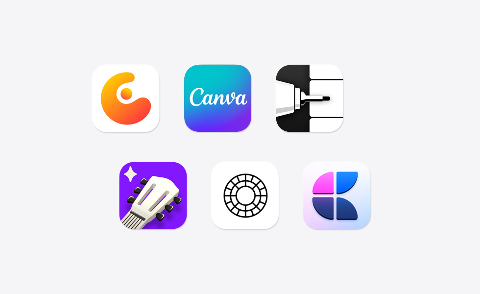Various app icons in a scattered array, including Concepts, Canva, Flow Note Taking, Simply Guitar, VSCO, Craft