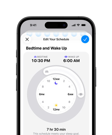 iPhone, app Salute aperta sugli orari impostati per il riposo, l’orario per andare a dormire è impostato alle 22:30, quello della sveglia alle 7:00, quadrante a raggiera al centro del display, obiettivo di sonno di 8 ore e 30 minuti raggiunto