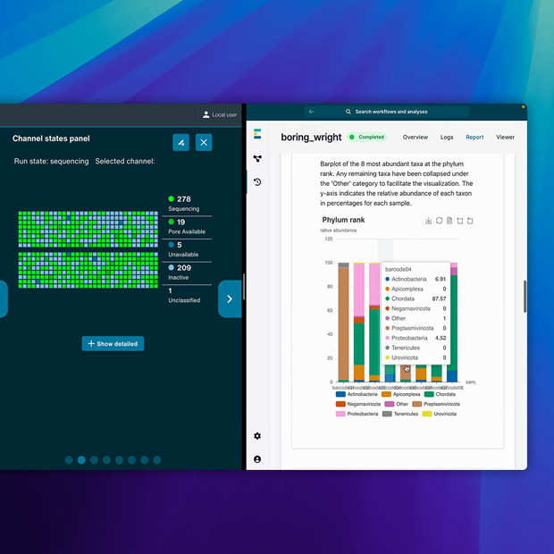 Software mostrando o app Oxford Nanopore.