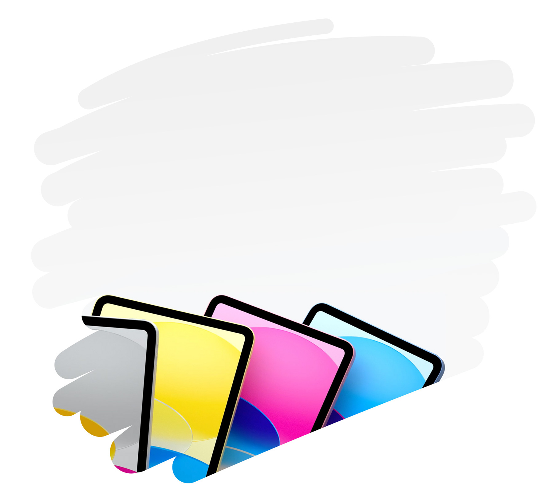 Mehrere iPad Modelle in unterschiedlichen Farben werden innerhalb eines grossen Pencil Strichs auf der Seite gezeigt.