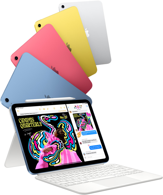 iPads in Blau, Pink, Gelb und Silber und ein iPad verbunden mit dem Magic Keyboard Folio.