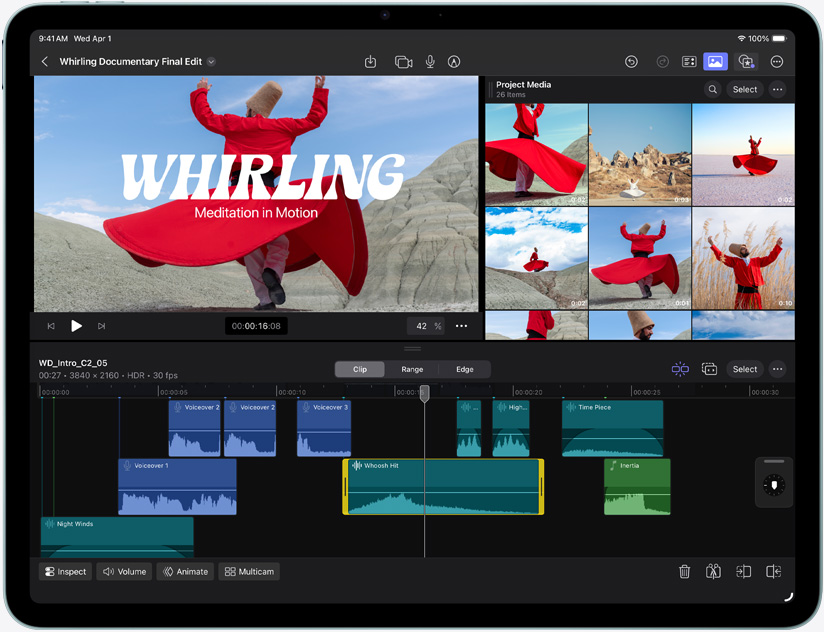 iPad Air, voorkant, videobewerking in Final Cut Pro te zien