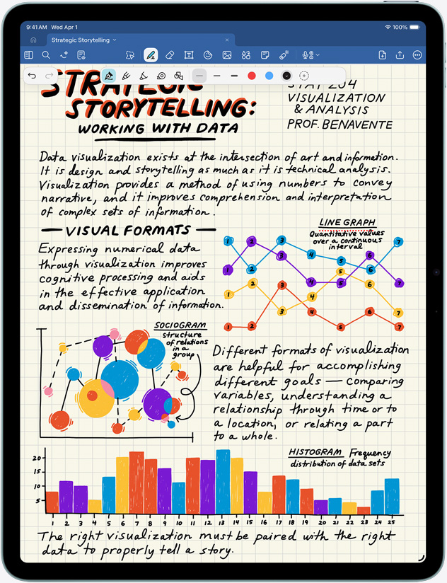 iPad Air in verticale stand met notities en afbeeldingen op het scherm