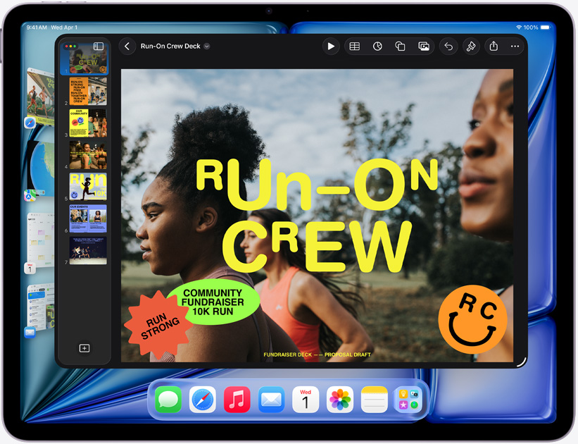 iPad Air in horizontale stand met een Keynote-presentatie op het scherm