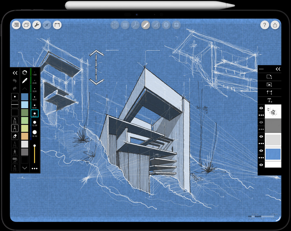iPad Pro, face avant, orientation paysage, noir sidéral, Apple Pencil Pro posé sur l’iPad Pro, vue latérale, orientation paysage, blanc, écran affichant un dessin architectural avec des effets et des outils ouverts dans les menus gauche et droit