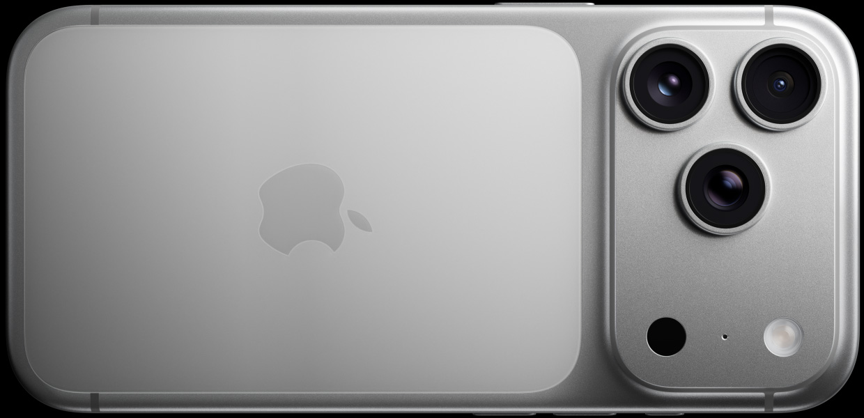 iPhone 17 Pro, hopeanvärinen, taustapuoli, Pro Fusion ‑kamerajärjestelmä, 3 linssiä, mikrofoni, salama