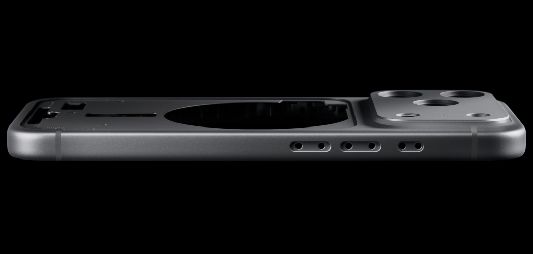 iPhone 17 Pro, taustapuoli, taottu yksirunkoinen alumiinirakenne