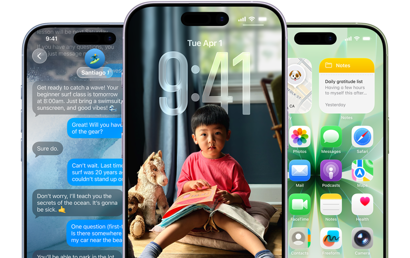 iPhone 17 devices, front exterior, colors: mist blue, lavender, sage, iOS features - Background with messages, Liquid Glass showing the Lock Screen and Home Screen with various apps displayed