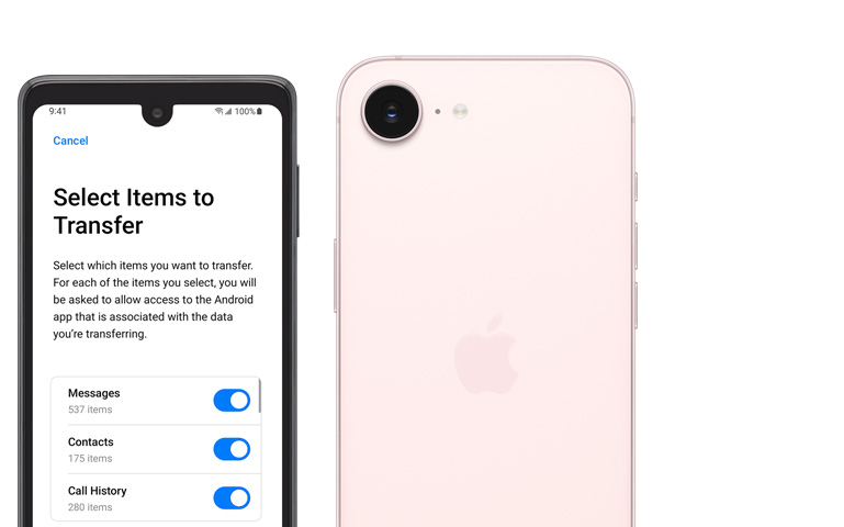 Side-by-side, Android screen showing Move to iOS App, iPhone 17e, back exterior, soft pink color, Fusion camera