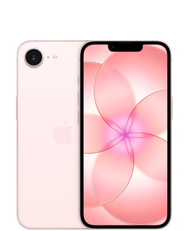 iPhone 17e, back exterior, soft pink colour, Fusion camera at top left, centred Apple logo, front exterior, soft pink colour, all-screen design