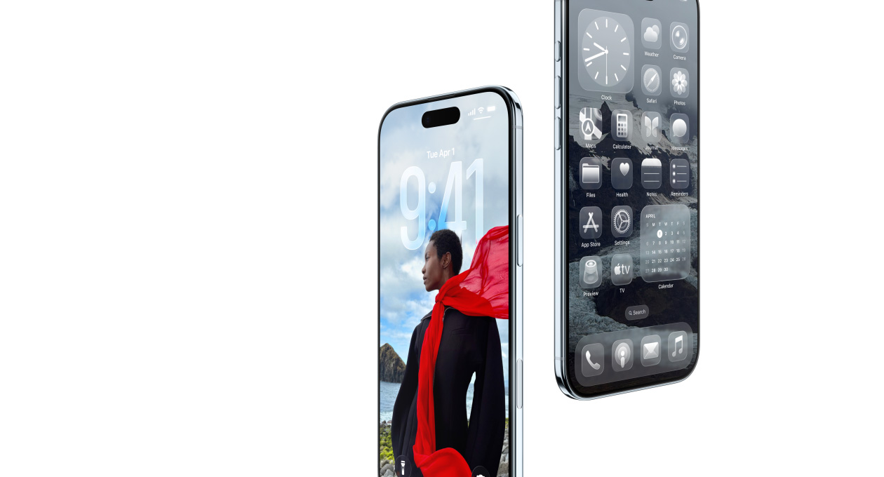 Two iPhone Air devices, front exterior, side exterior, thin profile, dynamic Lock Screen, Home Screen with Liquid Glass apps