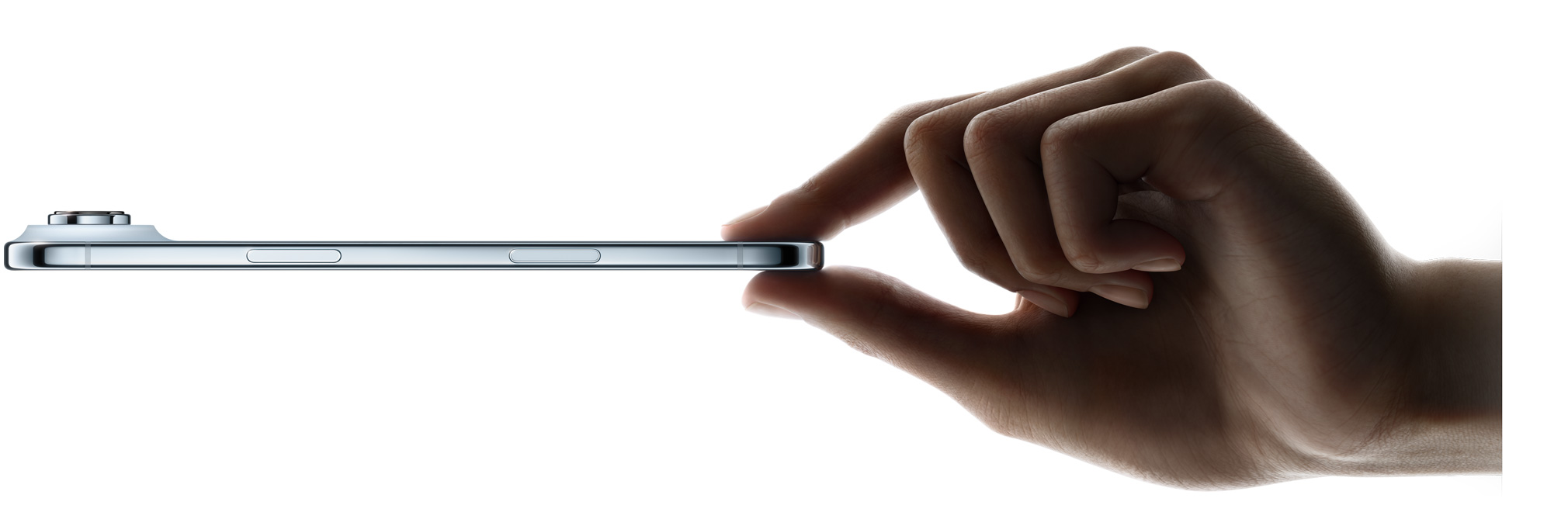 A thumb and forefinger holding iPhone Air, side exterior, Sky Blue color, thin profile, Fusion camera system, buttons: side, Camera Control