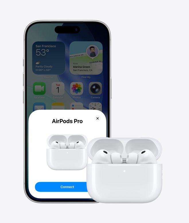 iPhone 17 Pro, prednja strana, početni zaslon u pozadini, zaslon prikazuje skočni prozor za povezivanje slušalica AirPods, slušalice AirPods u otvorenoj kutijici pokraj iPhonea