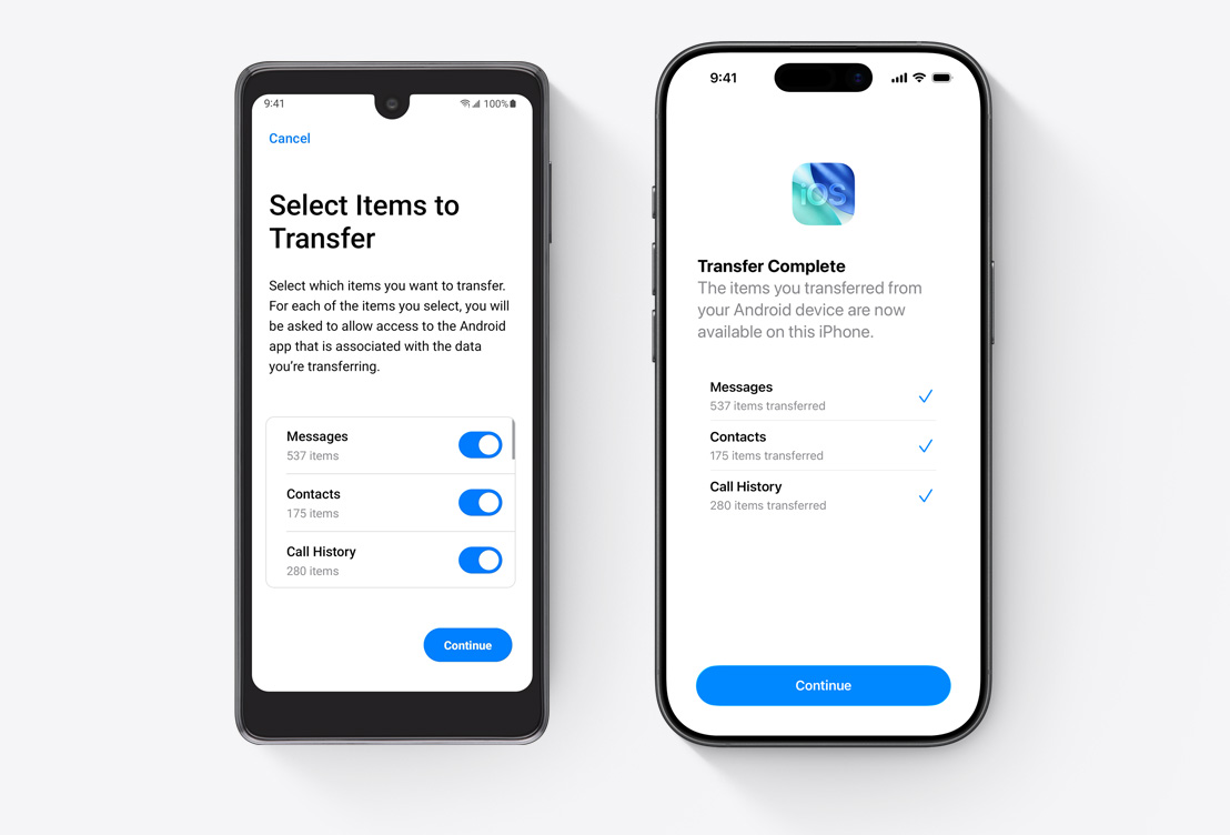 Jedan do drugoga, zaslon Androida prikazuje aplikaciju Prijenos na iOS, zaslon iPhonea prikazuje aplikaciju Prijenos na iOS