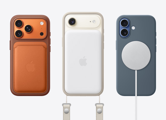 Jedan pored drugog, stražnja strana iPhonea 17 Pro s novčanikom od tkanine FineWoven s MagSafeom, stražnja strana iPhonea 17 s trakom za nošenje preko ramen i silikonskom maskom, stražnji dio iPhonea 17 s prozirnom MagSafe maskom.