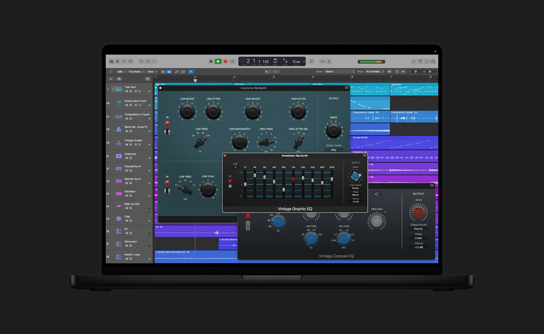 MacBook Pro 16 screen showing Vintage EQ, Anastacia: Big Synth window, dials adjusted to different numbers, output dials on the right