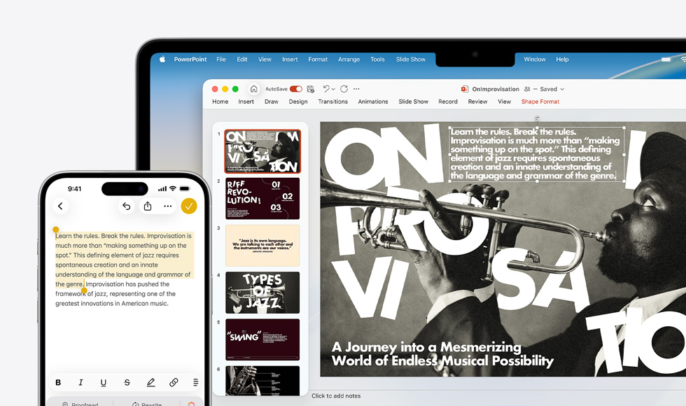 iPhone 16 Plus 展示備忘錄 app 中重點標示的文字；MacBook Air 展示開啟的 PowerPoint 幻燈片，備忘錄 app 的文字在幻燈片上出現