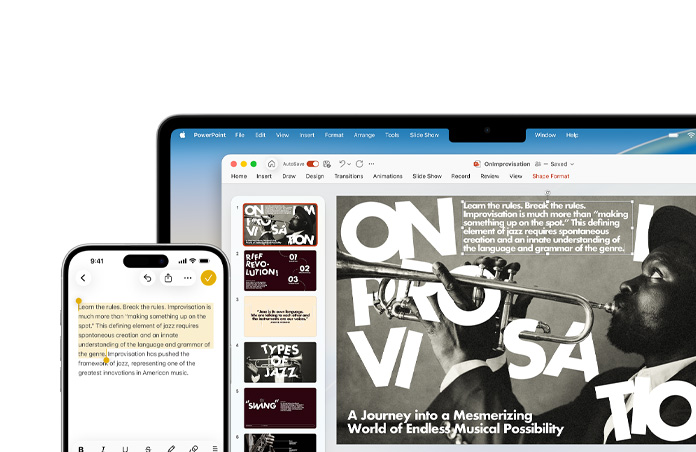 iPhone 16 Plus 展示備忘錄 app 中重點標示的文字；MacBook Air 展示開啟的 PowerPoint 幻燈片，備忘錄 app 的文字在幻燈片上出現