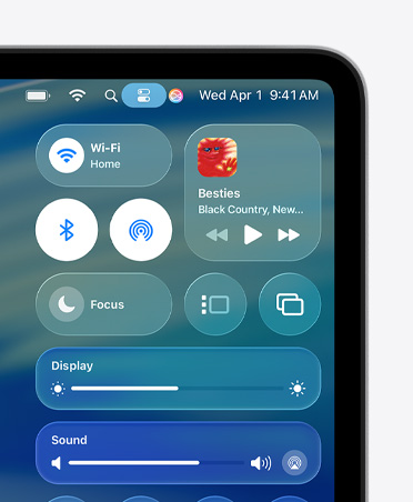 Right side of Mac screen showing Liquid Glass customised controls, like Wi-Fi and Bluetooth®, in Control Centre