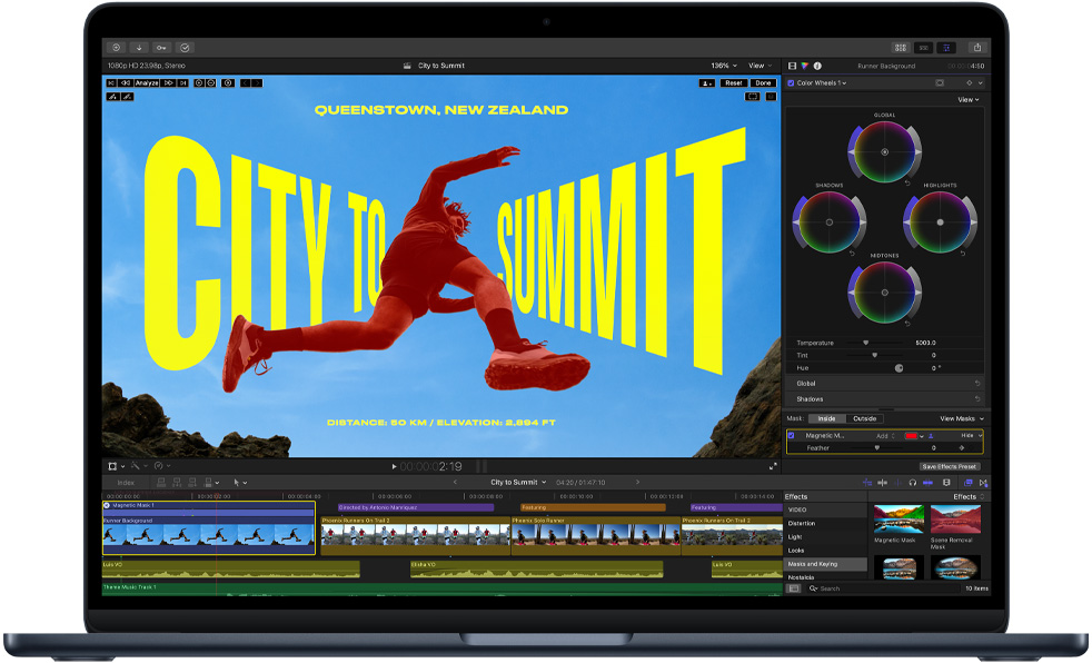MacBook Air 螢幕顯示剪輯影片畫面，展現 M5 晶片的強大威力