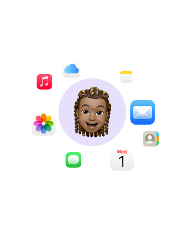 一個笑臉 Memoji 被各式 app 圖像環繞，包括音樂、iCloud 雲碟、備忘錄、郵件、通訊錄、日曆、訊息及相片