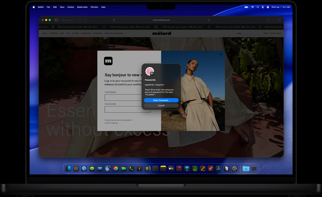 While browsing in Safari, a user is prompted to use Touch ID to sign in to a website