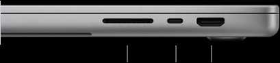 MacBook Pro 16-inch, closed, right side, showing SDXC card slot, one Thunderbolt 5 port, and HDMI port