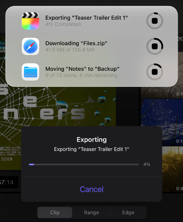 Daftar Aktivitas Langsung yang sedang berlangsung dan berjalan secara bersamaan, daftar ini meliputi proses ekspor trailer, pengunduhan file besar, dan pemindahan 