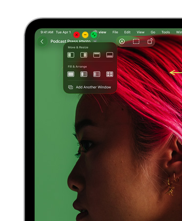 Fönsterreglage med röd knapp för att stänga, gul knapp för att minimera och grön knapp för att zooma plus alternativ för att flytta och ändra storlek eller ordna om fönster