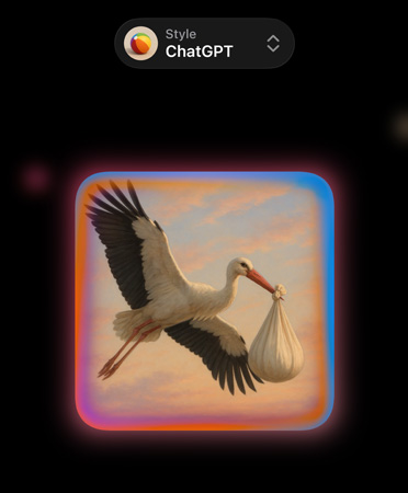 Image Playground med en meny längst upp där det står Style: ChatGPT, bild på en flygande stork som har en bebis i ett knyte