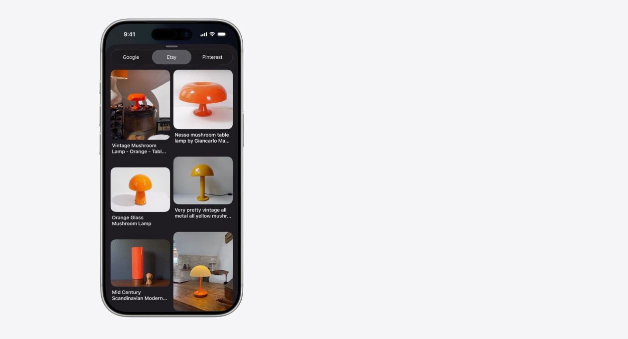 iPhone showing a grid of images featuring different mushroom lamps from Etsy, alongside are Google and Pinterest tabs