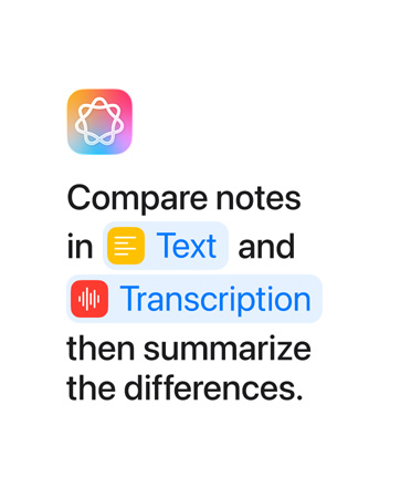 Compare notes in Text and Transcription then summarize the differences, with the words ‘Text’ and ‘Transcription’ highlighted in blue as they appear as they would in the Shortcuts app