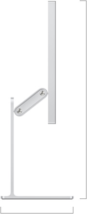 Imagem lateral do Studio Display XDR com base ajustável em altura e inclinação, mostrando a altura do monitor na posição mais alta