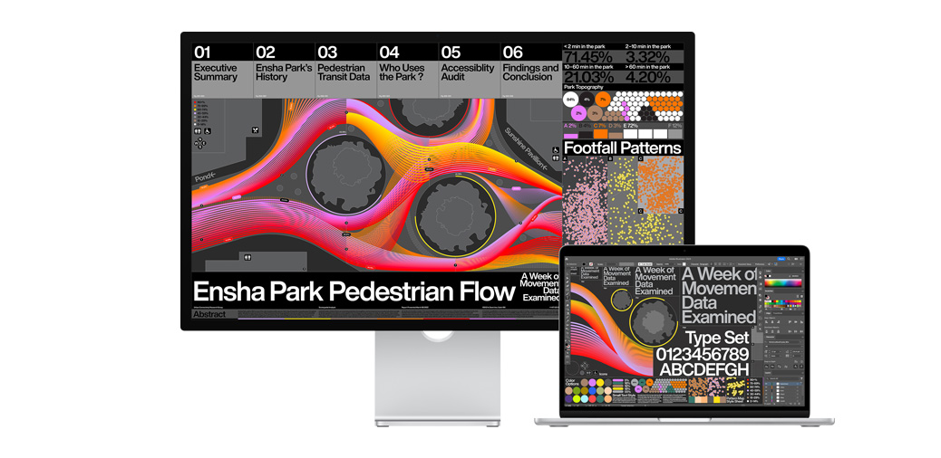 13-inch MacBook Air alongside Studio Display showing a project in Adobe Illustrator.