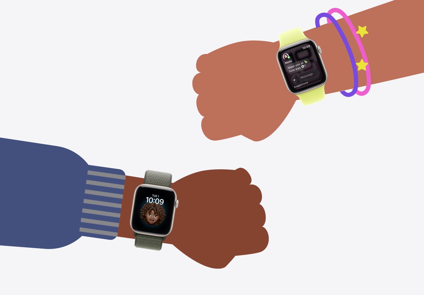 Apple Watch For Your Kids, cartoon illustrations of kids' wrists wearing Apple Watch SE 3